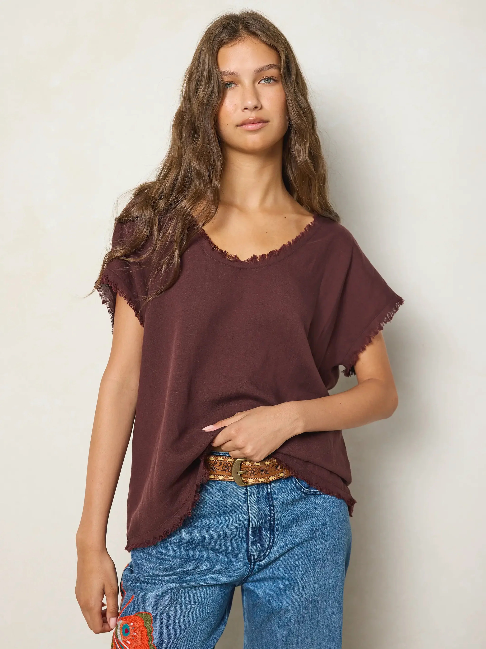 Raw Edge V-Neck Top | Natural Life