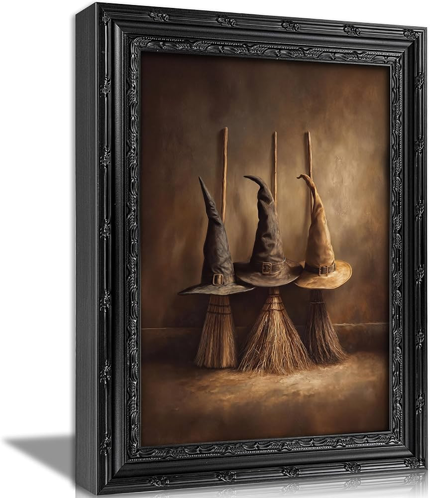 KKP Vintage Halloween Framed Wall Art, Witch Hat & Broom Canvas Prints | Amazon (US)