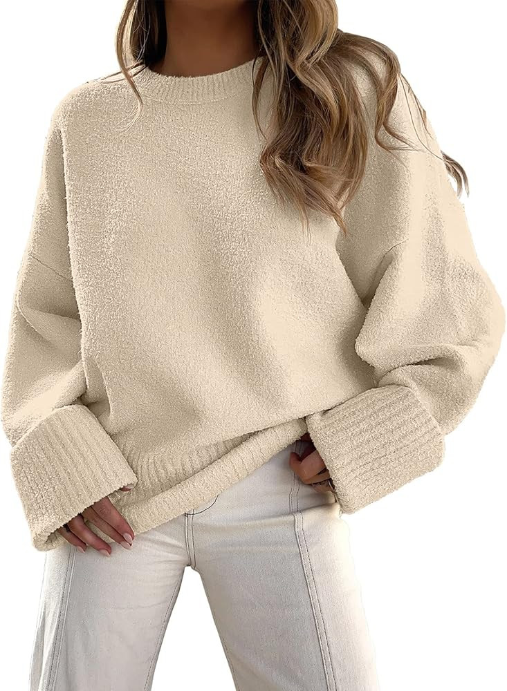 LOGENE Women's Oversized Soft Crewneck Sweaters Fuzzy Warm Knit Pullover Tops 2023 Fashion Clothes | Amazon (US)