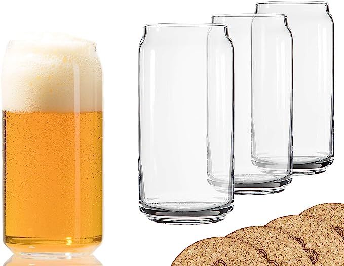 Ecodesign Drinkware Libbey Beer Glass Can Shaped 20 oz Beer Glasses 4 Pack w/coasters | Amazon (US)