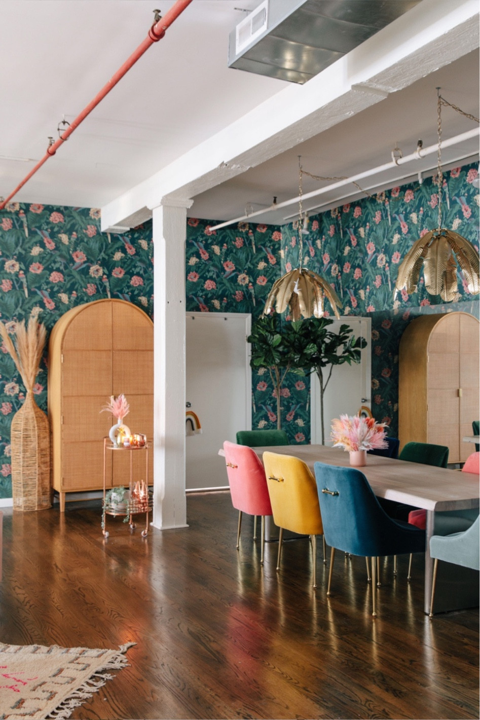 Floral wallpaper colorful dining room rainbow dining chairs 

#LTKhome