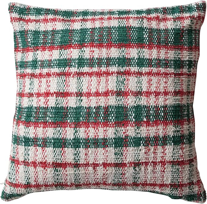 Creative Co-Op Square Woven Cotton Blend Pillow, Color, Plaid, Cream Red Green | Amazon (US)