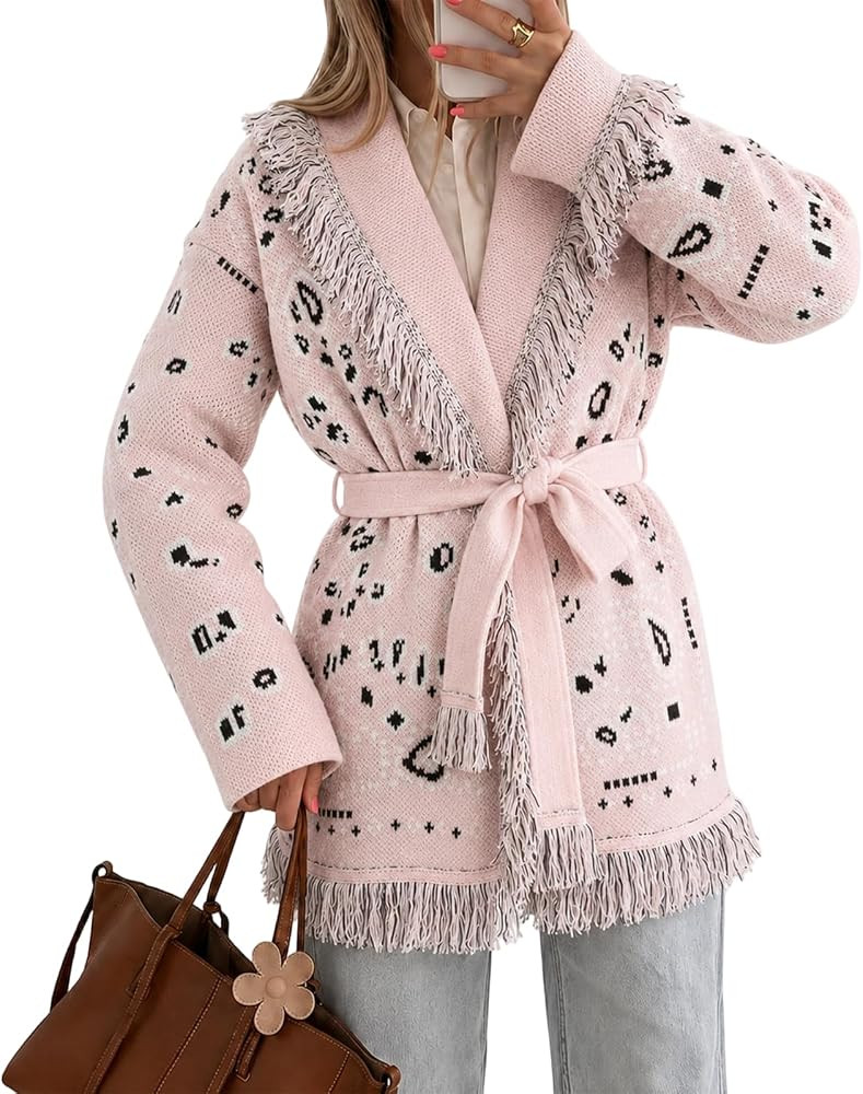 Womens Fringe Cardigan Paisley Long Sleeve Shawl Collar Belt Sweaters | Amazon (US)