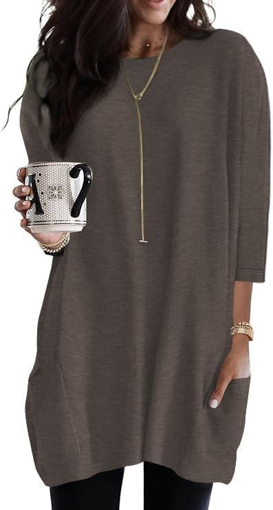 Poetsky Womens 3/4 Sleeve Tunics or Tops to Wear with Leggings Long Shirts Tops with Pockets | Amazon (US)