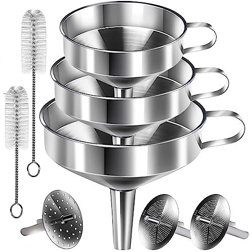 YGDZ Stainless Steel Funnel, 3PCS Kitchen Funnels for Filling Bottles Set, Large Food Grade Metal Funnel with 3pcs Removable Strainer, 2pcs Brushes, Funnels for Kitchen Use, Bottle Funnel for Liquid | Amazon (US)