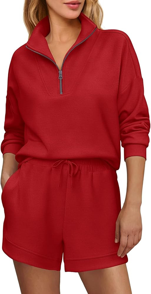Nirovien Womens Sweat Suits 2 Piece Set Long Sleeve Quarter Zip Sweatshirt and Shorts Set Airport... | Amazon (US)