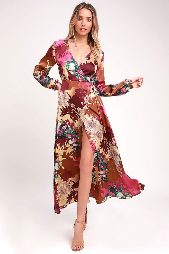 Put on a Smile Burgundy Floral Print Satin Wrap Maxi Dress | Lulus (US)