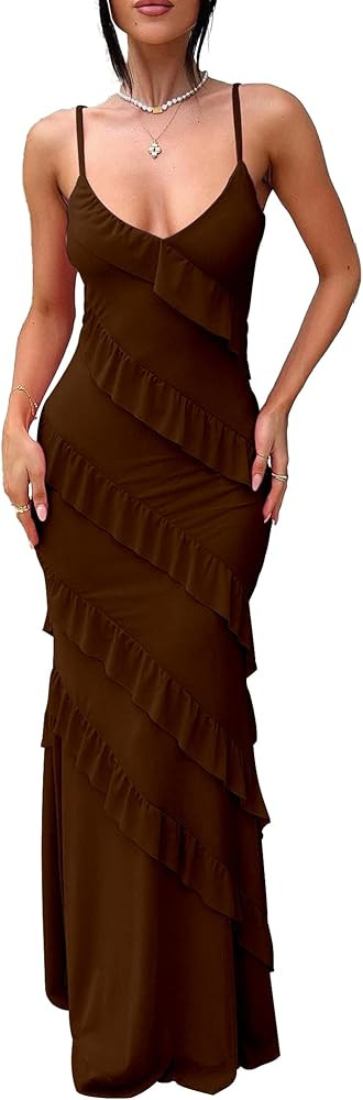 HOCILLE Women's Sexy V Neck Backless Bodycon Spaghetti Strap Elegant Ruffle Maxi Cocktail Party D... | Amazon (US)