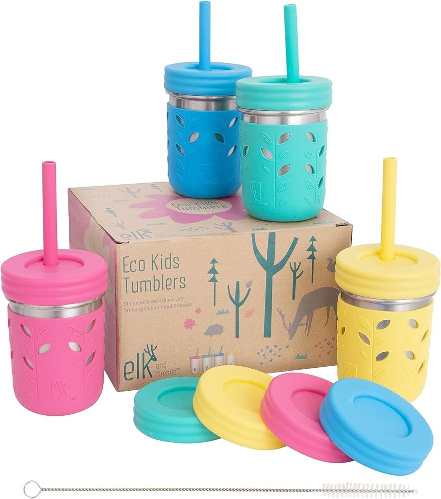 Elk and Friends Stainless Steel Cups | Mason Jar 10oz | Kids & Toddler Cups with Silicone Sleeves... | Amazon (US)