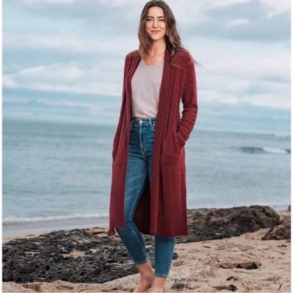 Barefoot Dreams CozyChic Lite Dark Red Cardigan Sweater Women’s Size Petite L | Poshmark