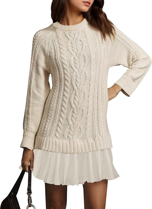 Cable Knit Sweater Mini Dress for Women Crew Neck Long Sleeve Patchwork Pleated Fall Casual Knit ... | Amazon (US)