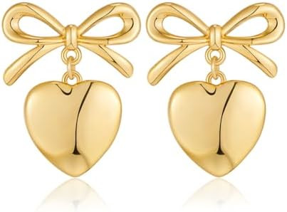 Gold Heart Dangle Earrings For Women Ribbon Bow Dangle Earrings | Amazon (US)