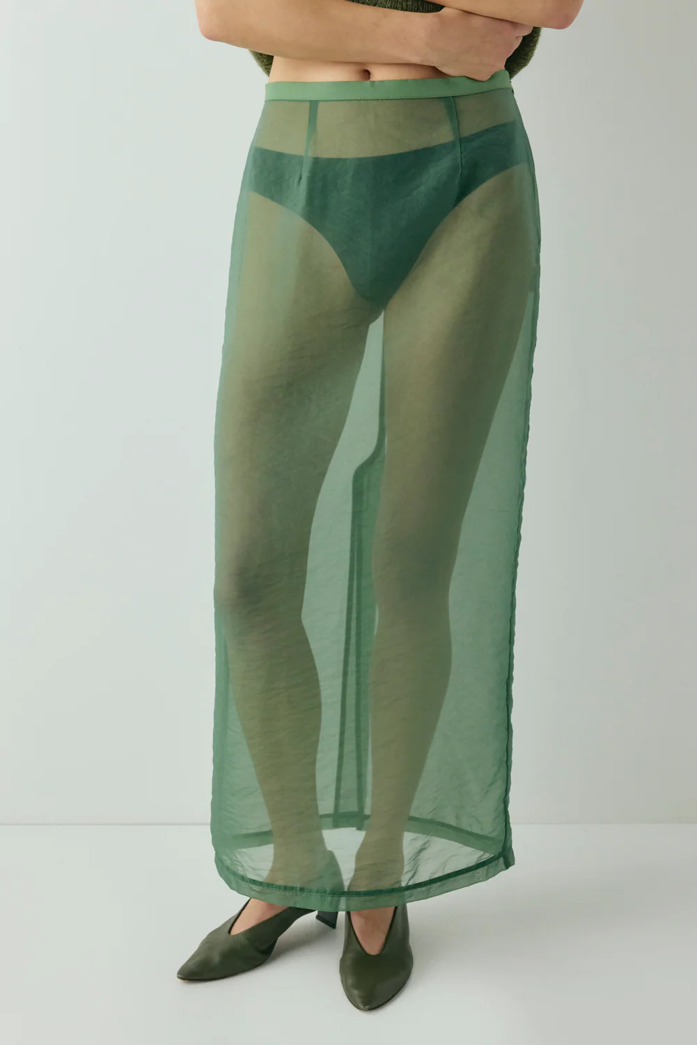 Devyn Sheer Midi Skirt Olive | VRG Grl