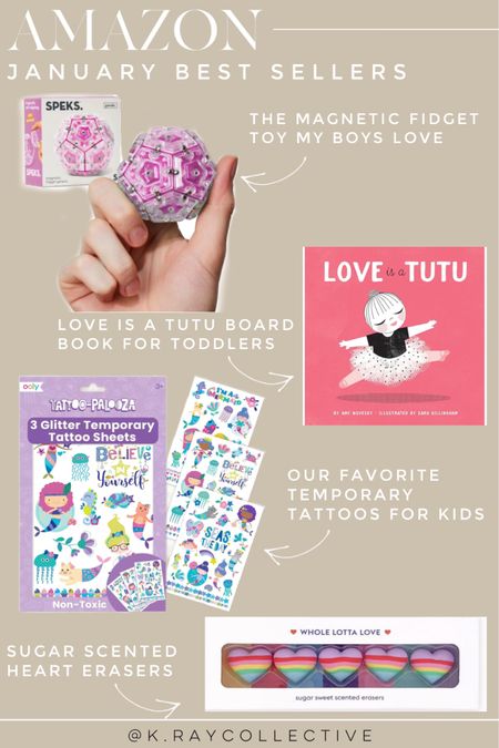 Here’s our Amazon best sellers for the month of January in kids!  All great Valentine’s Day gift ideas for kids too. 

Not so cheesy temporary tattoos, a valentine board book, a magnetic fidget toy for your older kids, and some heart erasers that smells super sweet.  I’ve linked some other. Great Valentine gift ideas too.

#AmazonBestSellers #BestSellers #ValentineGifts #KidsValentine #KidsValentineGifts #KidsGifts #AmazonFinds

#LTKGiftGuide #LTKhome #LTKkids