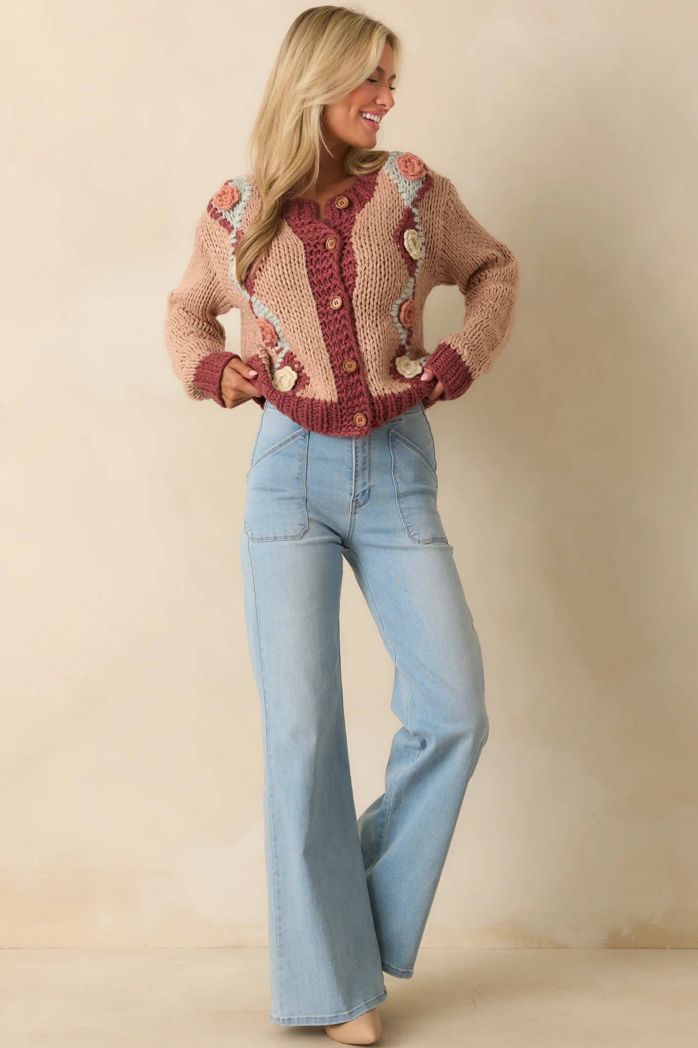 Right Where I Want To Be Dusty Rose Pink Floral Knit Cardigan | Red Dress