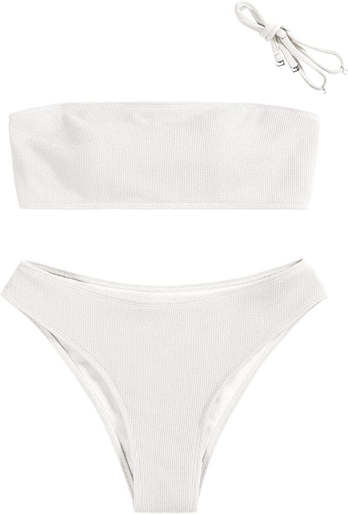 ZAFUL Women Strapless Bikini Set White Bikini Set White Swimsuit White Bathing Suit Bandeau Bikini | Amazon (US)