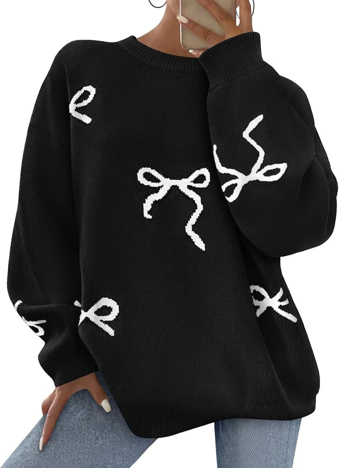 PRETTYGARDEN Women Long Sleeve Cute Bow Oversized Sweater | Amazon (US)
