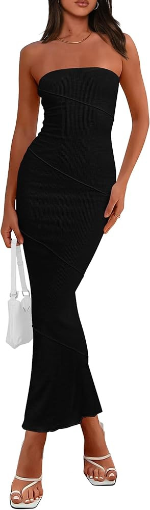 PRETTYGARDEN Women's Ribbed Maxi Bodycon Dress Summer Strapless Tube Y2K Party Club Long Dresses | Amazon (US)