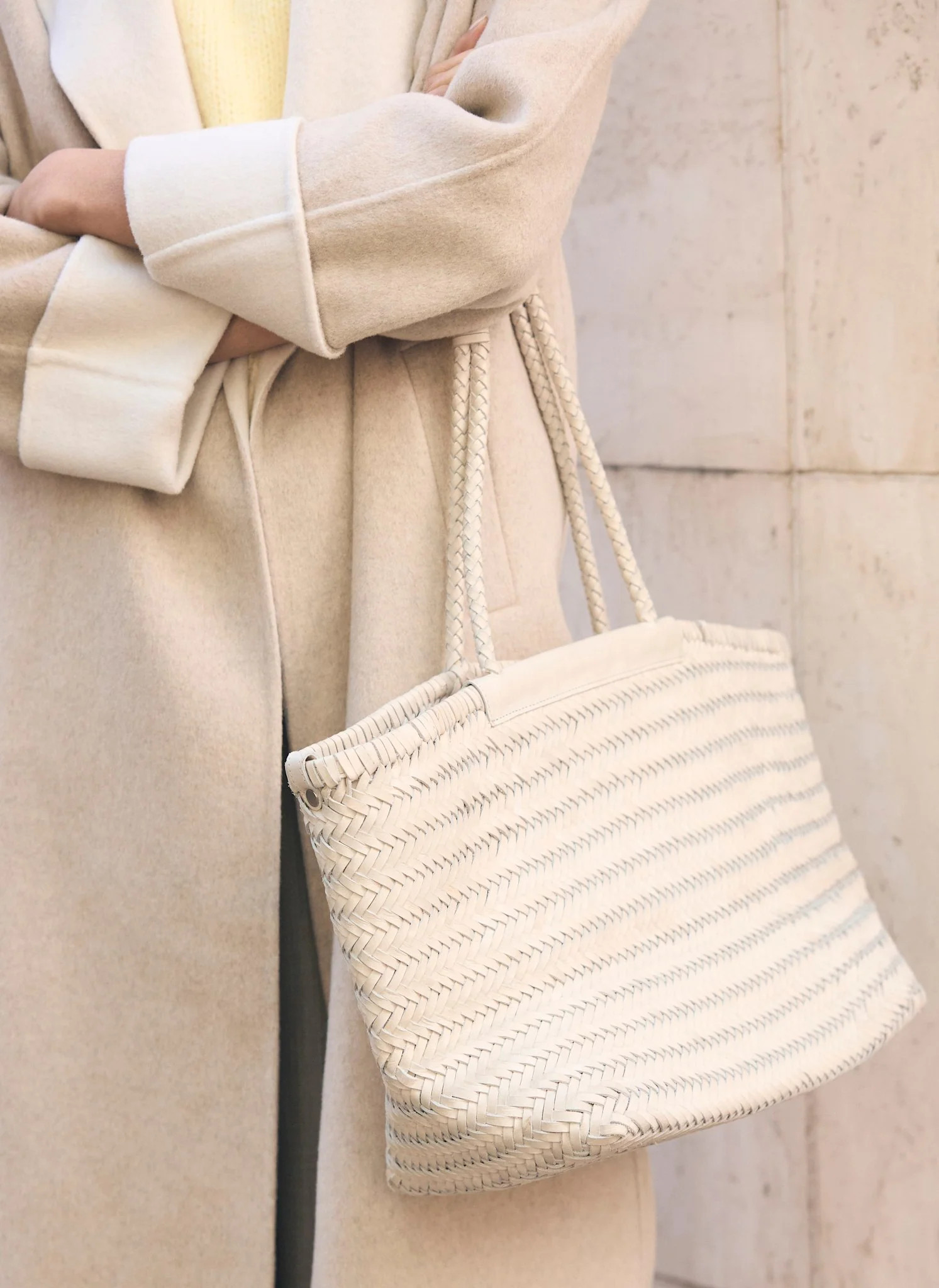 Rae Cream Leather Woven Tote Bag | Mint Velvet
