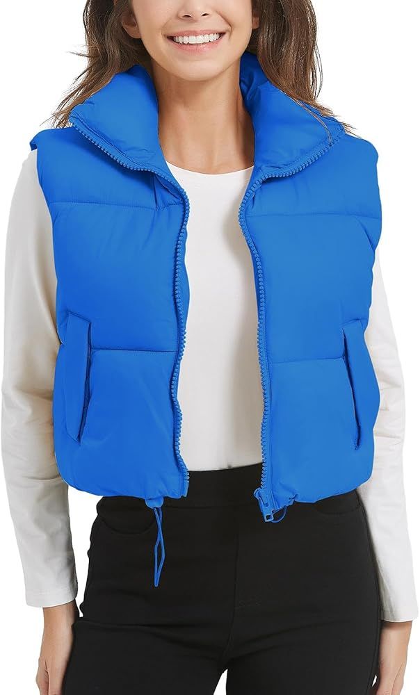 Flygo Puffer Vest Women Cropped Vest Zip Up Stand Collar Sleeveless Padded Winter Down Jacket | Amazon (US)