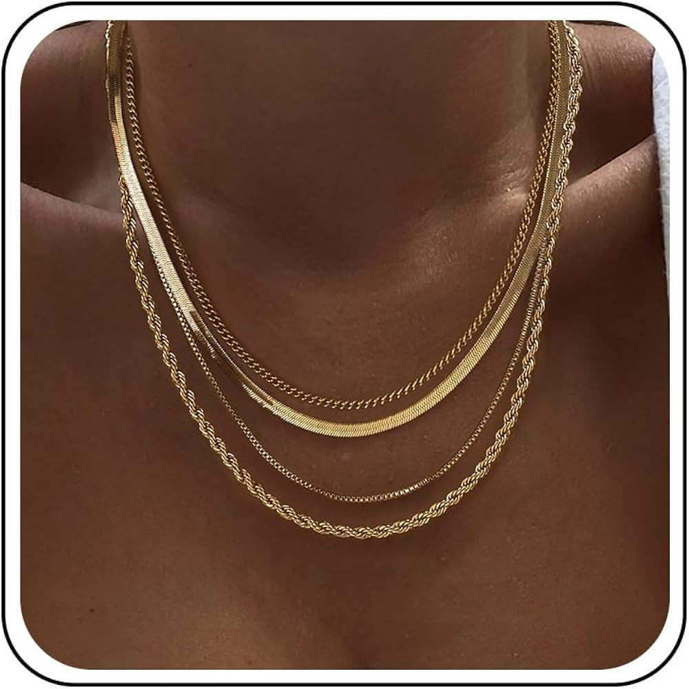 Tewiky Layered Necklaces for Women Non Tarnish- Chunky 14k Gold Plated Herringbone/Snake/Rope/Box... | Amazon (US)