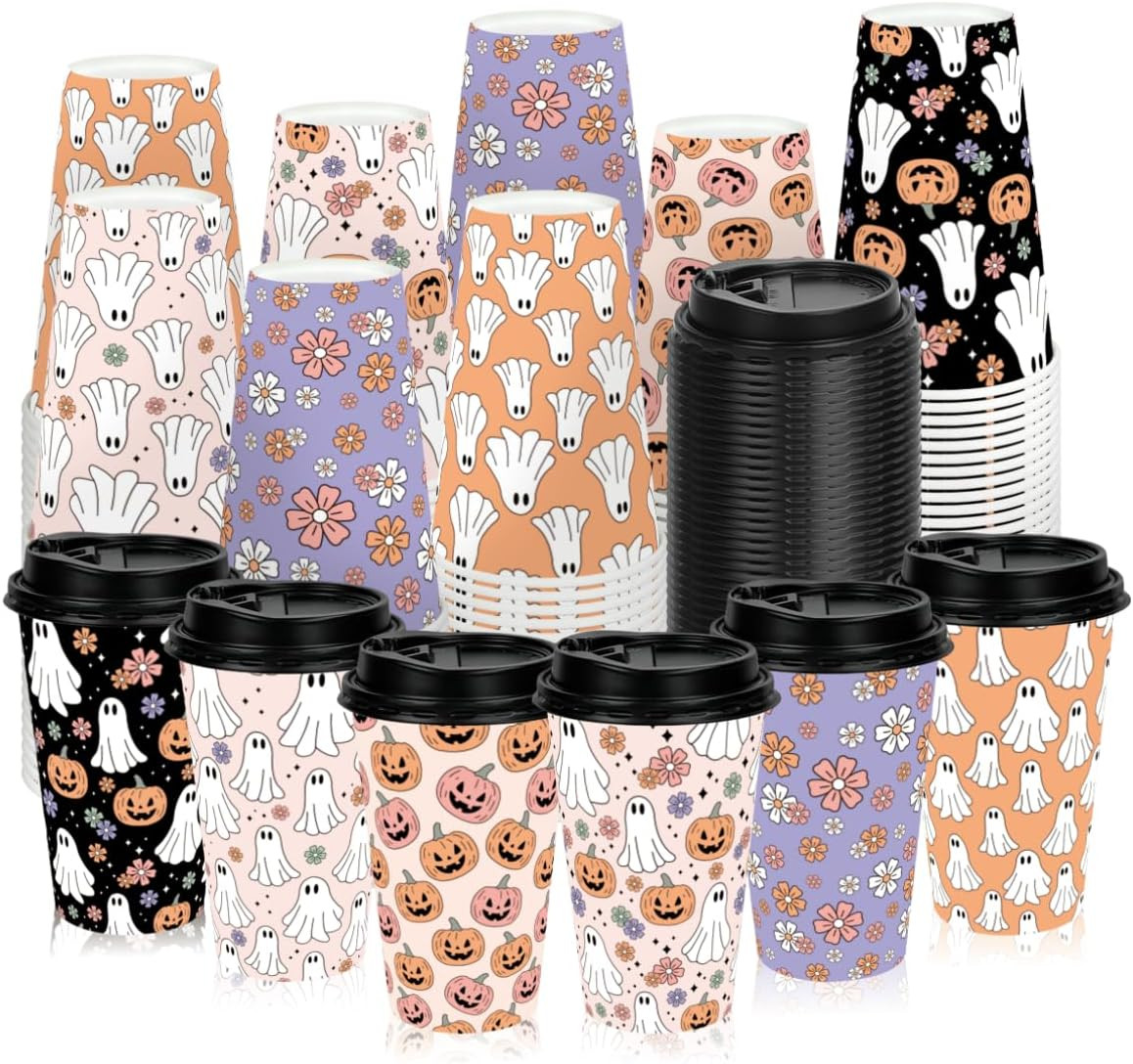 Whaline 60Pcs 16Oz Halloween Disposable Coffee Cups, Ghost Pumpkin Floral | Amazon (US)