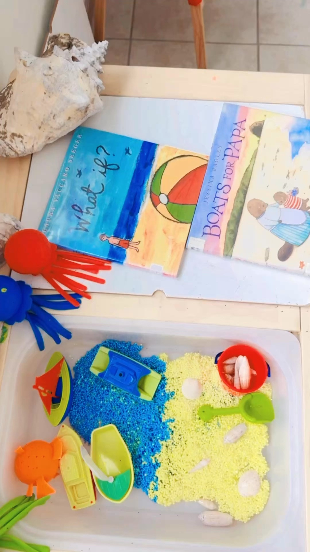 And our beach-themed 🌊🏖️🐚🦀🦪 sensory bin has been quite the hit 👏🏽 with this super fun 🤩 sticky foam beads - aka their play ocean and sand!! 🩵💛 Linked this sensory bin idea over on my LTKit app for y’all - we love it!! 👏🏽