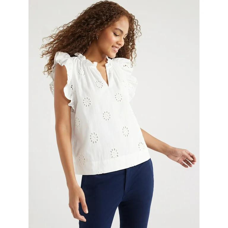 Free Assembly Women's Cotton Sleeveless Flutter Eyelet Top, Sizes XS-XXL | Walmart (US)