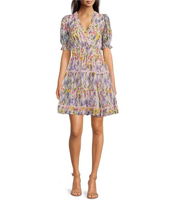 Chiffon Floral Print Lace Trim Surplice V-Neck Short Puff Sleeve Dress | Dillards