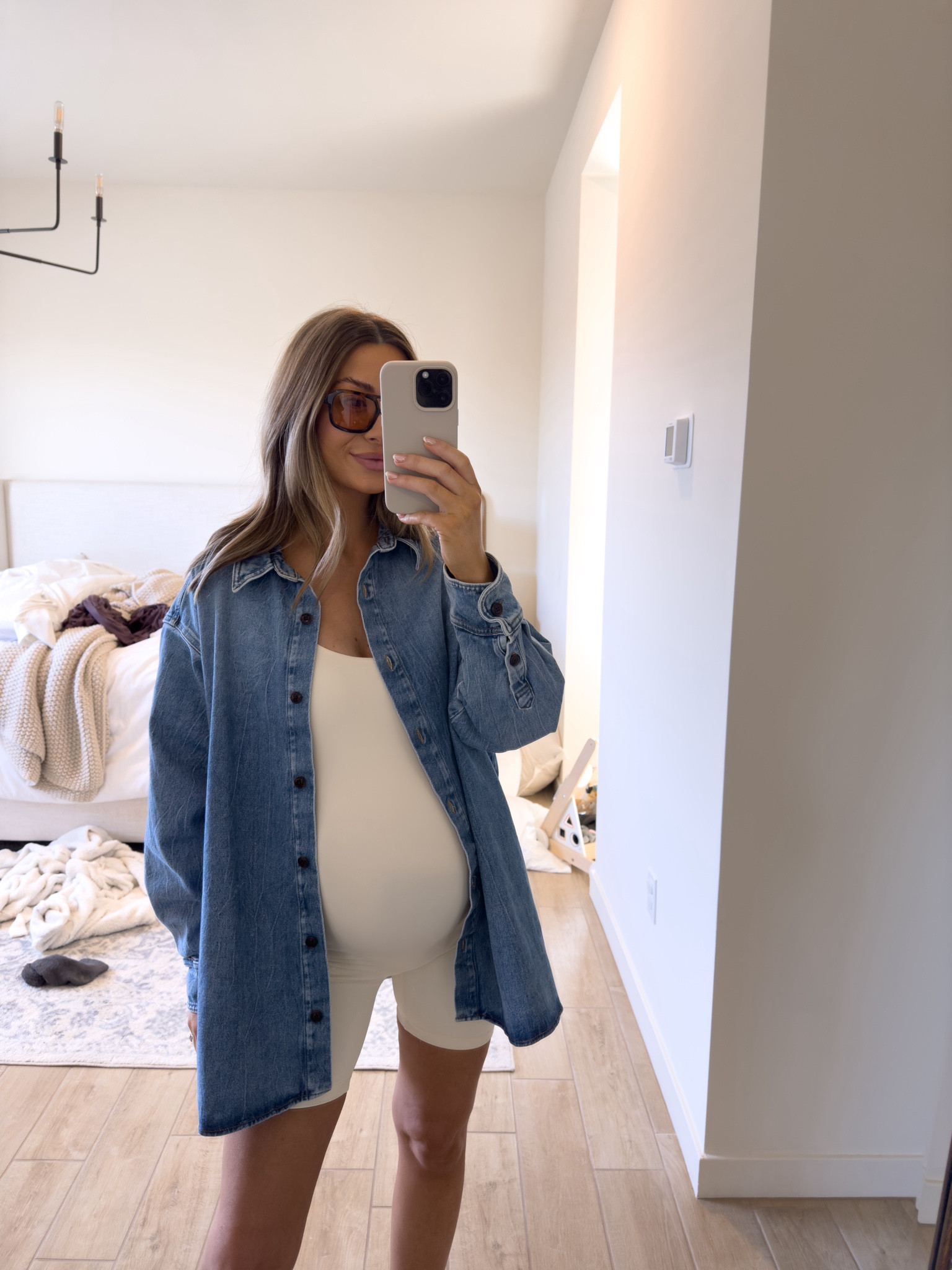 Size up 1-2 sizes in This romper for pregnancy! Medium in denim oversized shirt! 

#LTKbump