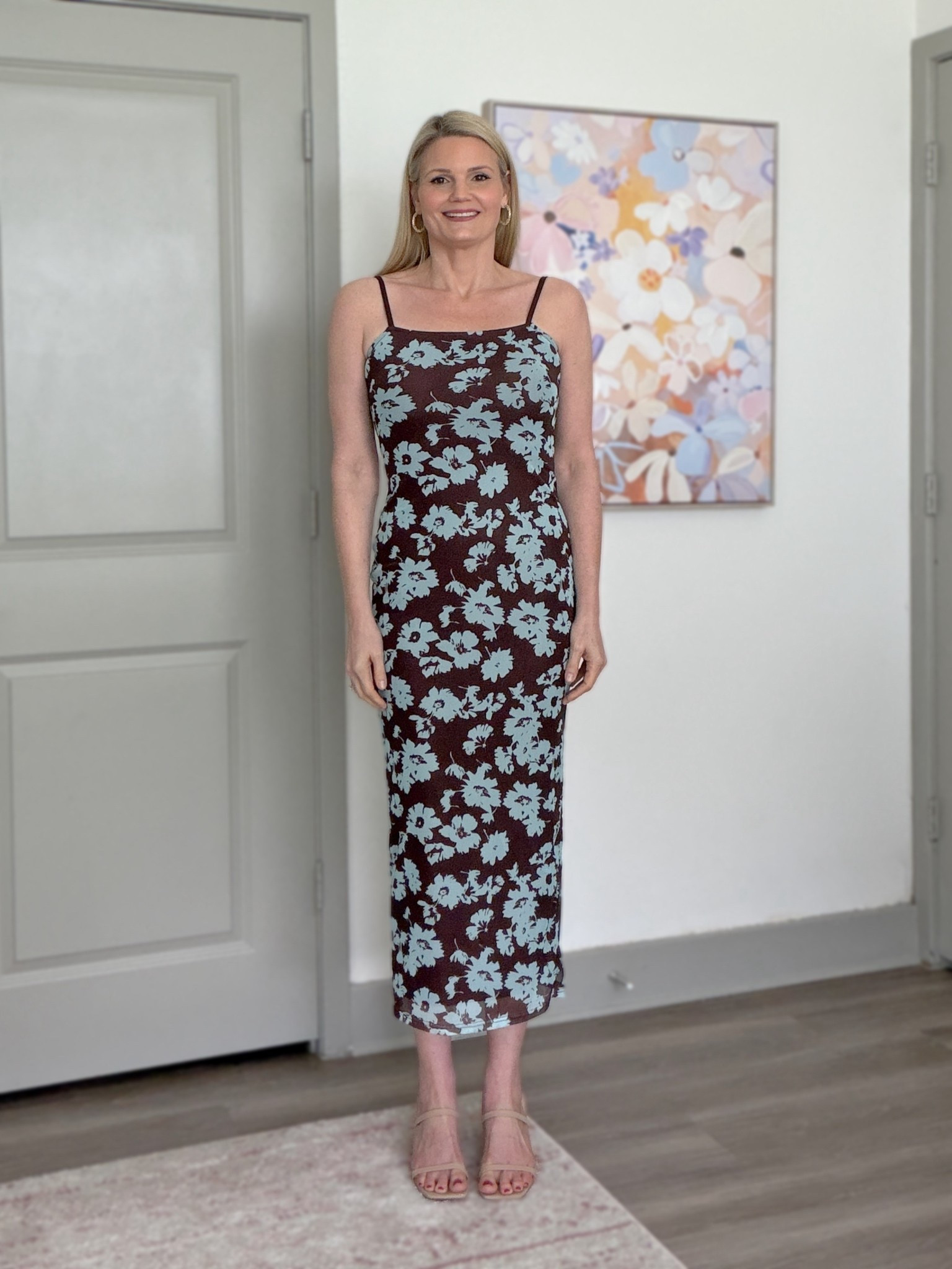 Brown floral bodycon midi dress is stretchy and comfortable! Adjustable straps. Wearing the size smal  

#LTKTall #LTKootd #LTKWedding