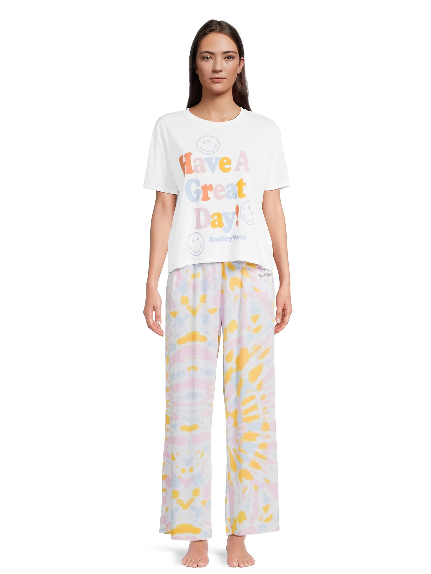 Grayson Social Juniors Smiley World Easy Sleep Tee and Pants Pajama Set, 2-Piece, Sizes S-3X | Walmart (US)