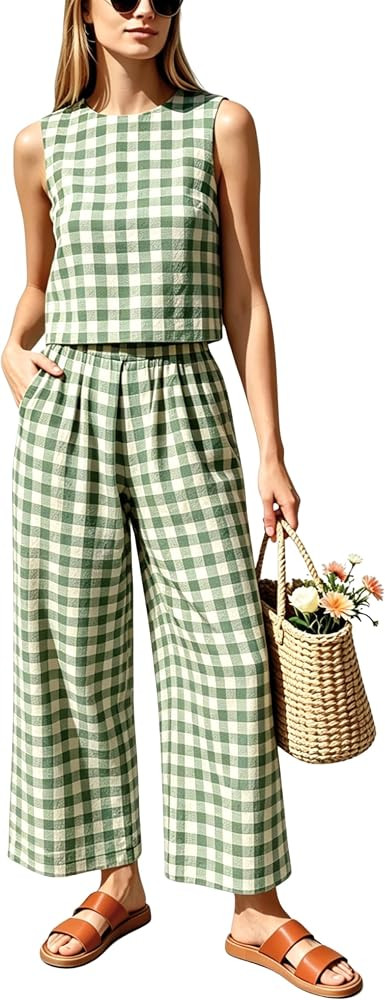 Gozoloma Women's Gingham 2 Piece Set Tank Top and Loose Fit Pants with Pockets Casual Summer Matc... | Amazon (US)