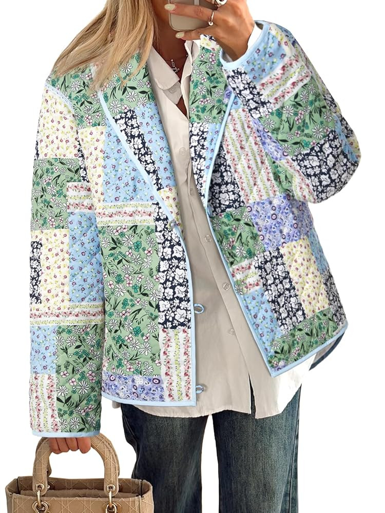 Tankaneo Womens Puffer Quilted Jacket Lightweight Floral Print Button Down Long Sleeve Patchwork ... | Amazon (US)