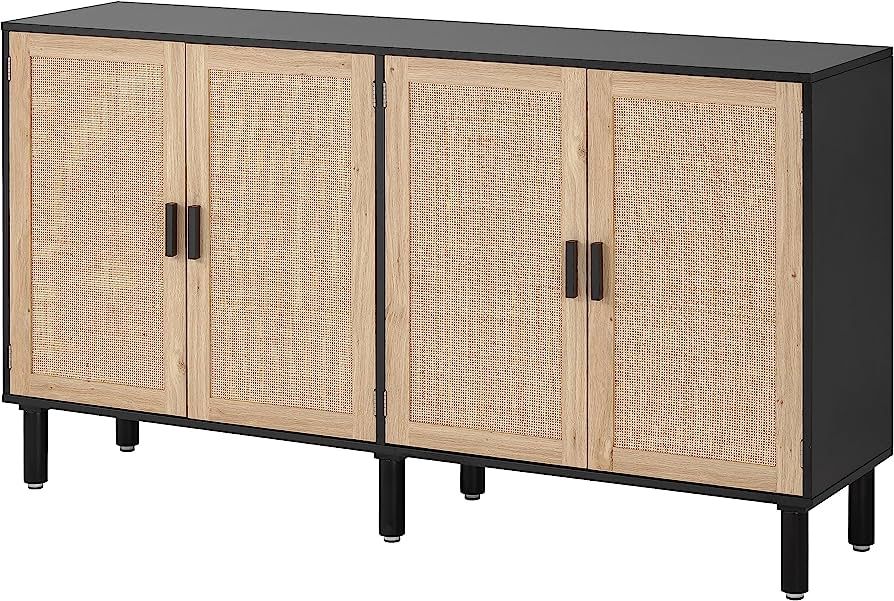 Finnhomy 4 Door Sideboard Buffet Cabinet, Kitchen Storage Cabinet with Rattan Decorated Doors, Li... | Amazon (US)