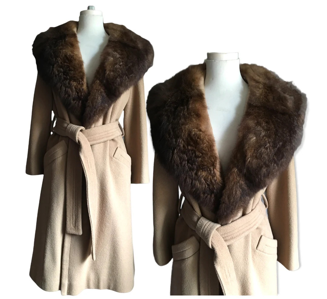 Vintage Brown Wool Fur Collar Coat - Etsy | Etsy (US)