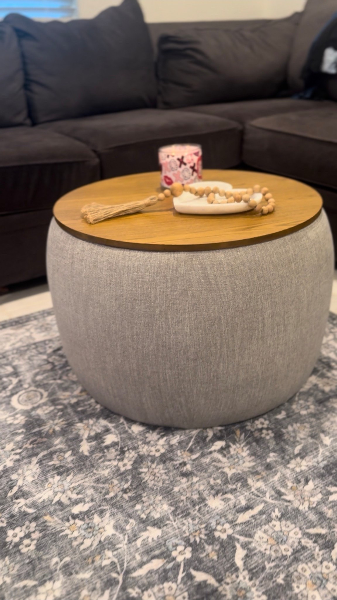 My new storage ottoman + washable rug from Amazon! Rug is “vintage black” 