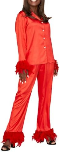 IMISSILLEB Womens Satin Silk Christmas Pajamas with Feathers Striped/Plaid/Santa Claus Print Butt... | Amazon (US)