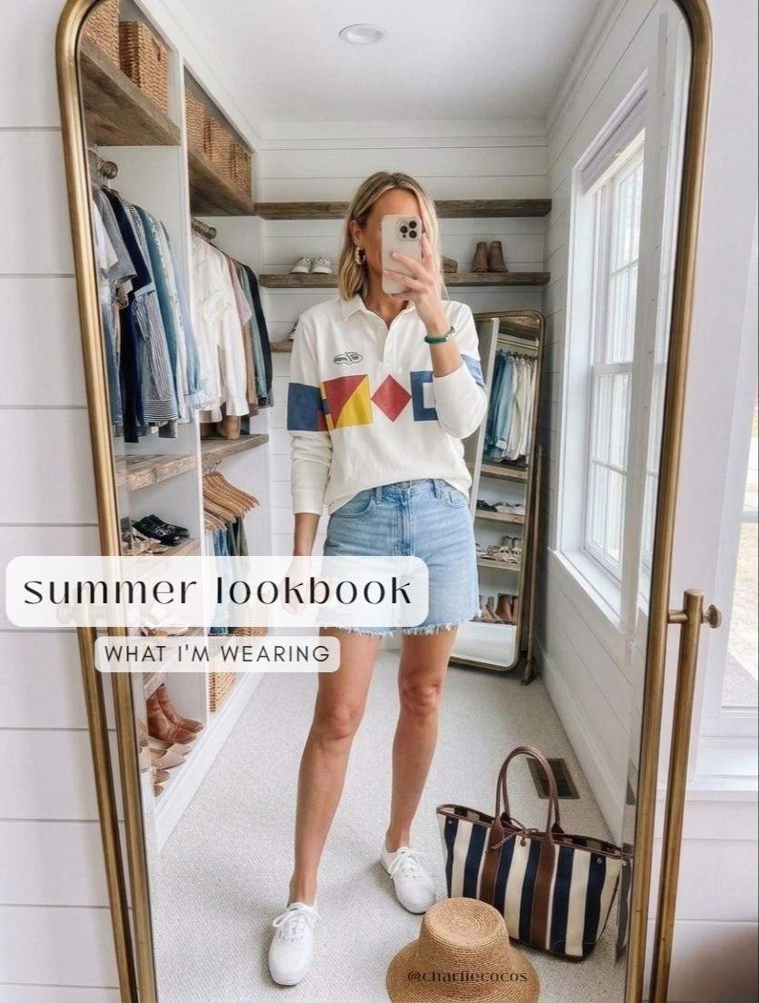 New abercrombie summer looks. Wearing a mens top paired with classic denim shorts and white veja sneakers. Summer outfit ideas. Nautical aesthetic. Casual summer outfit. Summer vacation looks. Abercrombie. Veja. Agolde jean shorts. Agolde Parker. Rugby shirt. Sailing. Mom outfits. Anthropologie. Summer looks. Summer denim. 

#LTKootd #LTKmomlife #LTKOver40