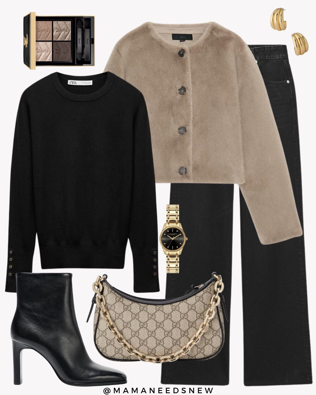 A fall outfit with a short faux fur jacket, jeans, knit jumper, shoulder bag, ankle booties with a heel 

#LTKStyleTip #LTKSaleAlert #LTKItBag