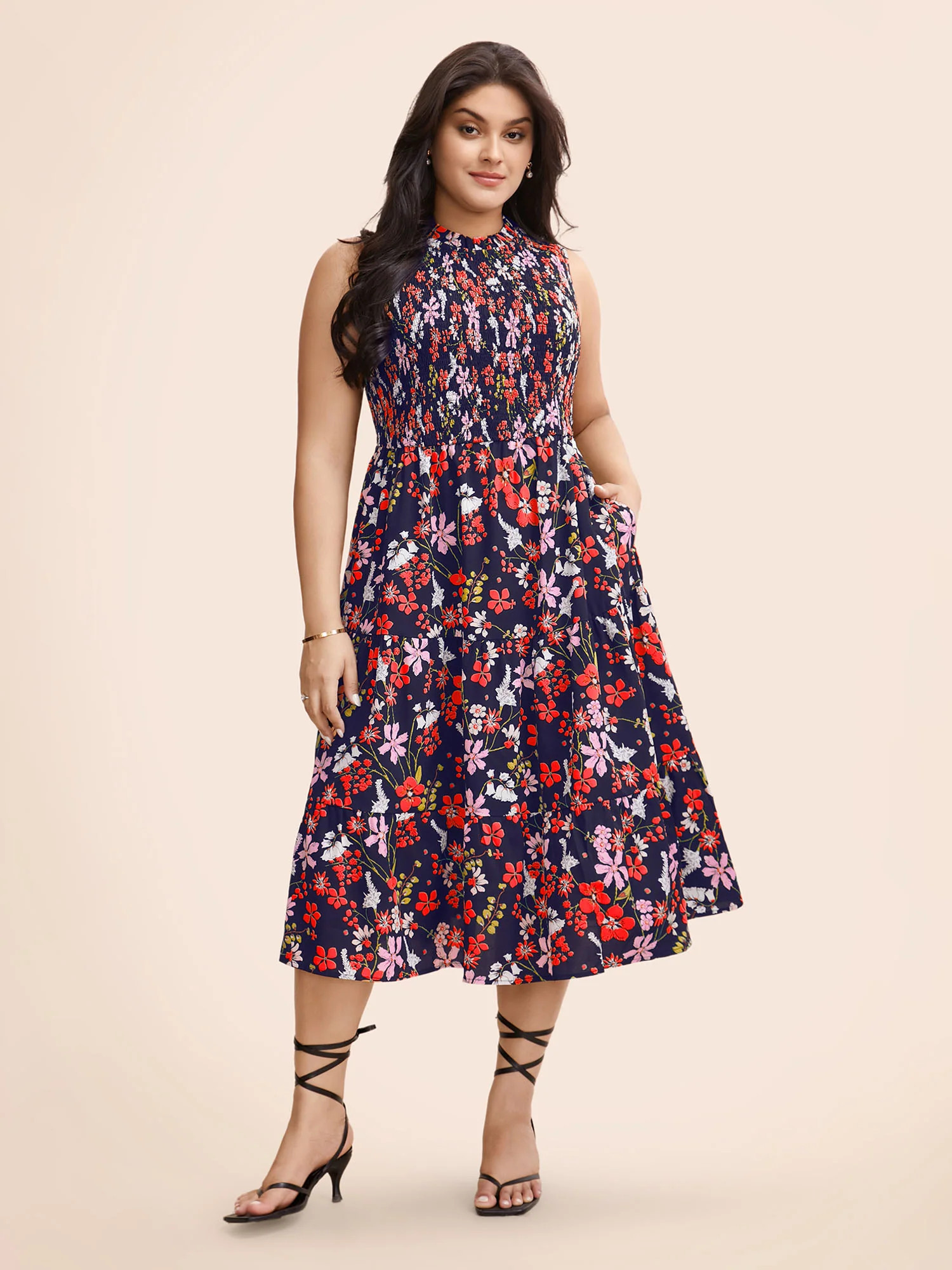 Floral Shirred Mock Neck Cut Out Pocket Ruffle Hem Dress | Bloomchic