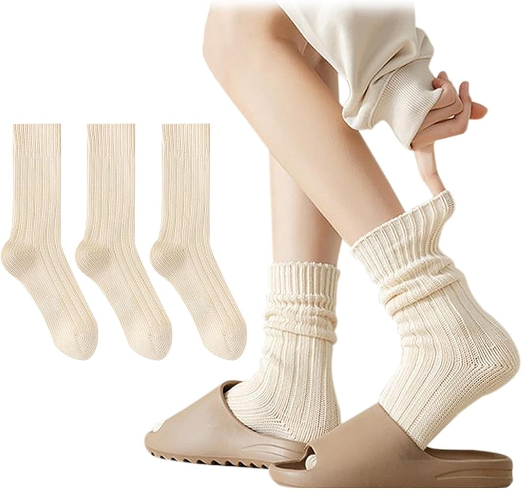 AWAVM 3 Pairs Slouch Socks for Women Beige Cotton Cute Knit Aesthetic Crew Socks Breathable Soft ... | Amazon (UK)