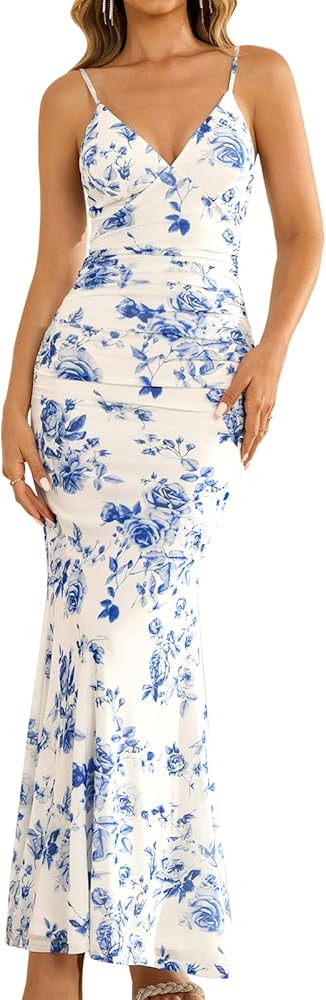 GLNEGE Vestido largo de verano floral para mujer, elegante, tirantes delgados, cuello en V, sin m... | Amazon (US)