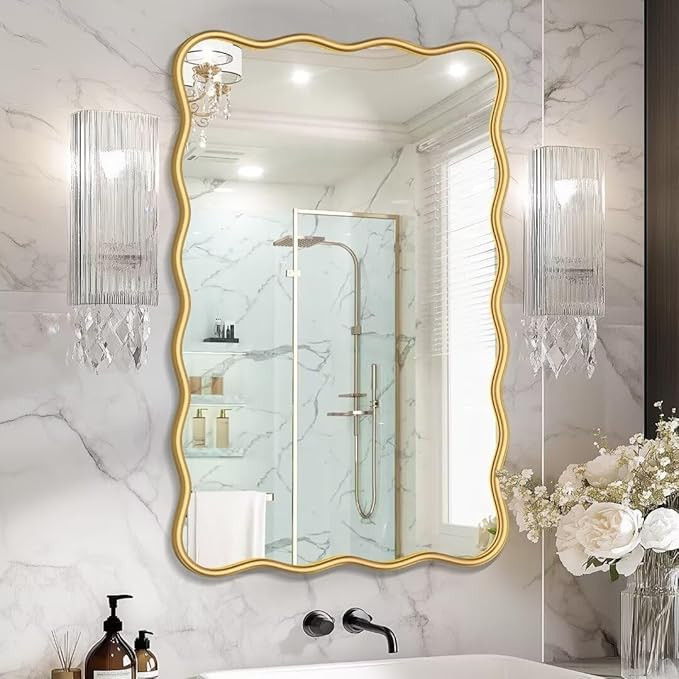 PROHOMEWARE 24 * 36" Gold Bathroom Mirror for Wall,Wavy Rectangular Mirror,Vanity Mirror,Bathroom... | Amazon (US)