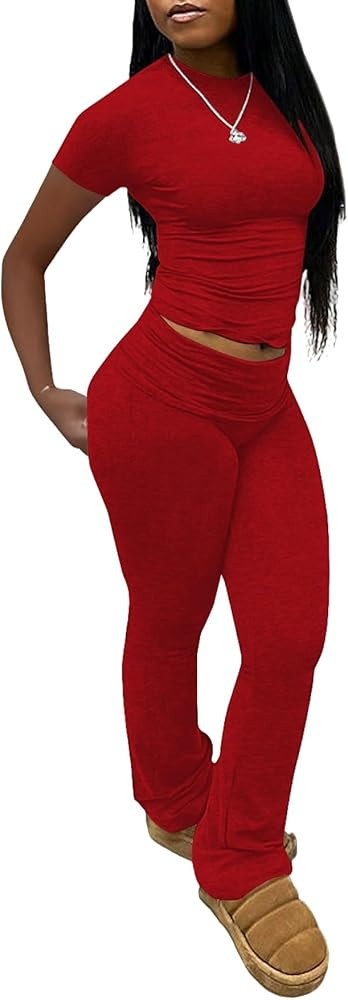 Women's 2 Piece Lounge Sets Crop High Wasit Foldover Flare Leggings Pants Casual Workout Outfits ... | Amazon (US)