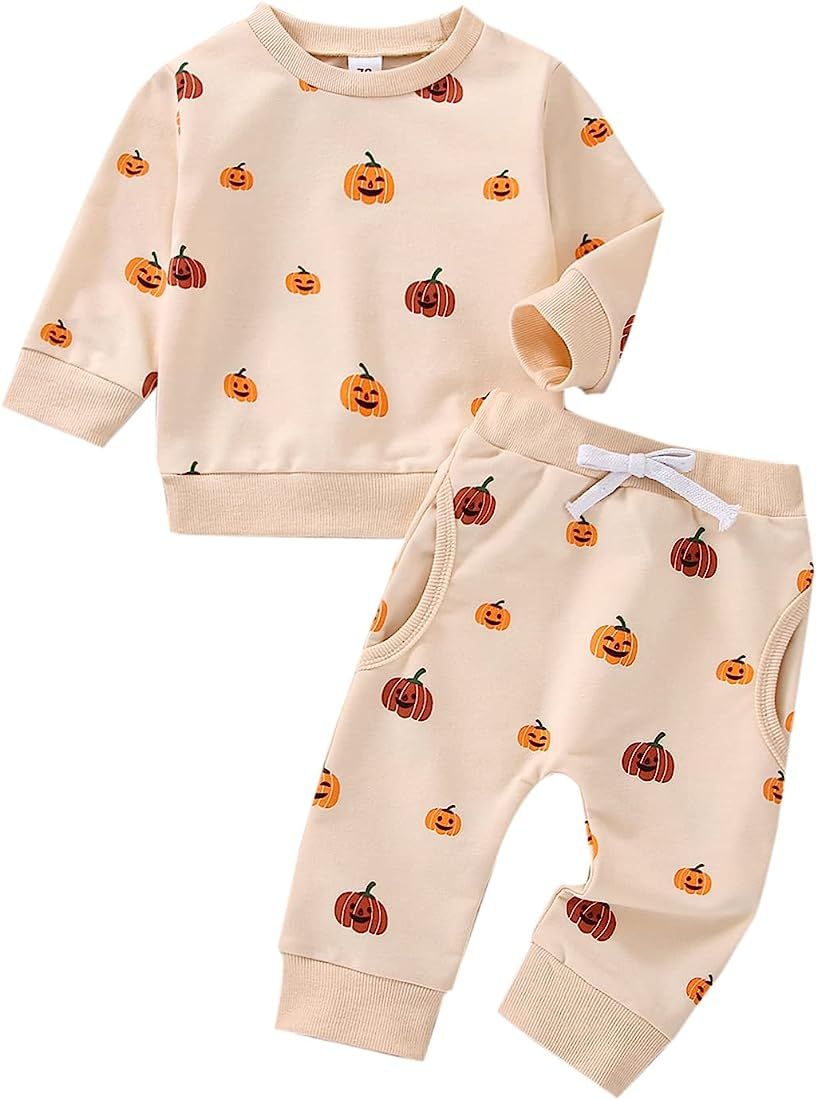 Toddler Baby Boy Halloween Outfits Cute Pumpkin Sweatshirt Top and Pant Set Infant Long Sleeve Cloth | Amazon (US)