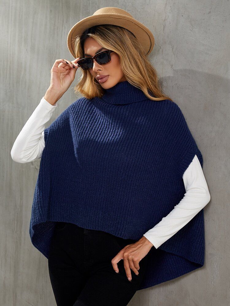 Turtleneck Cloak Sleeve High Low Hem Sweater | SHEIN