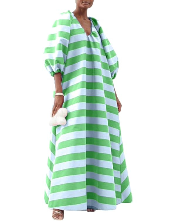 Women's Oversized Striped Lantern Sleeve V Neck Maxi Dress Casual Loose Printed Half Sleeve Long ... | Amazon (US)