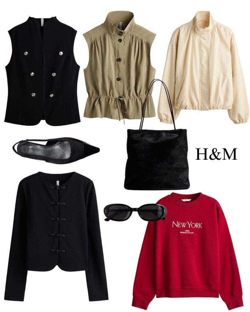 H&M new arrivals, New York sweatshirt, red, black heels, tote bag, funnel back blouse from button down, accessories.

#LTKWorkwear #LTKootd