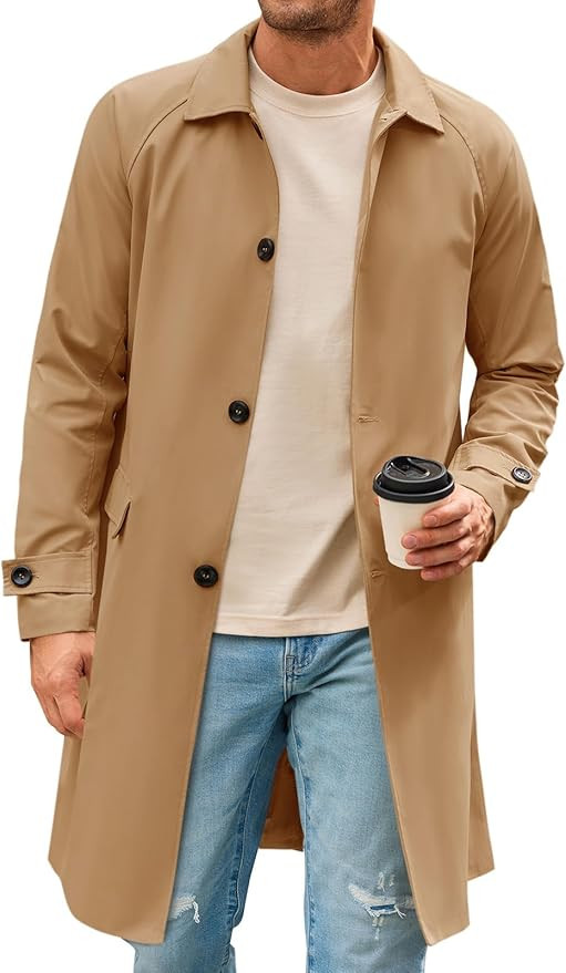 Runcati Mens Trench Coat Slim Fit Single Breasted Long Windbreaker Jacket Classic Lapel Casual Ov... | Amazon (US)